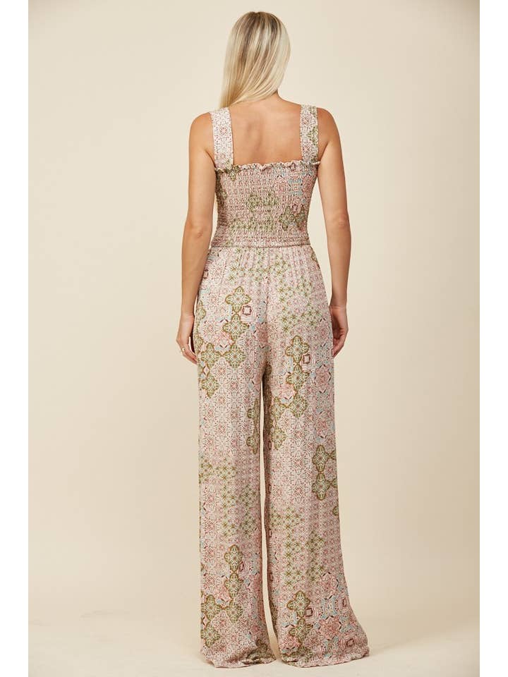 SAGE BOHO PAISLEY PRINT KNIT SMOCKED JUMPSUIT W4451RE for wholesale on Faire