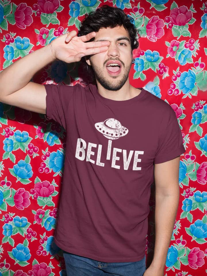 ULTRABASIC - Graphic Men's Believe UFO Alien T-Shirt Funny Casual Letter Print Tee Burgundy for wholesale by ULTRABASIC