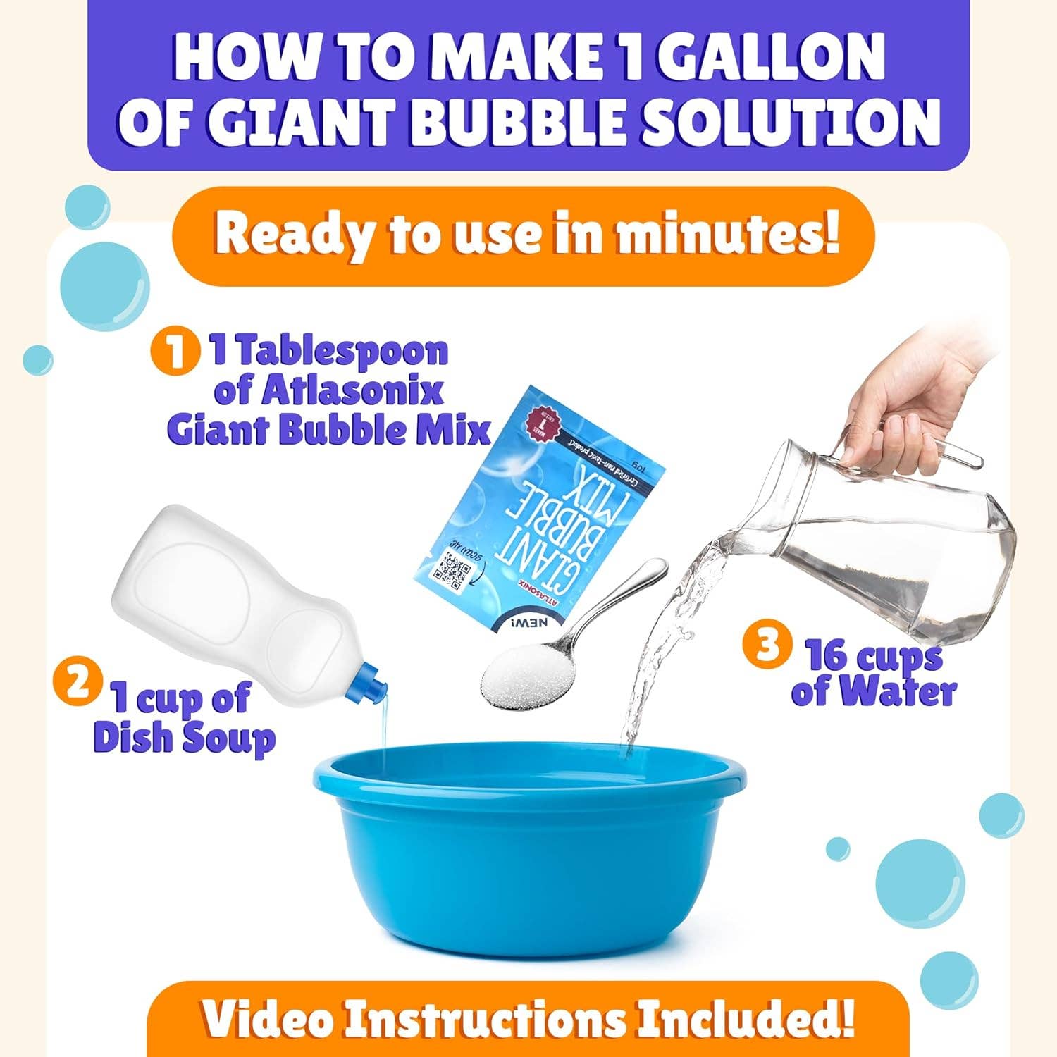 Atlasonix - Wholesale Bubble Wand - Kids - Giant Bubble Wand - Bubbles for Kids (4 Wands & 2 Mix)4