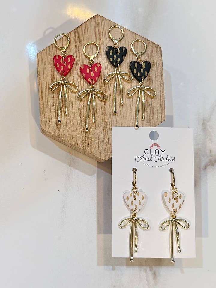 Heart with Bow Dangle Earrings for wholesale by Clay and Trinkets