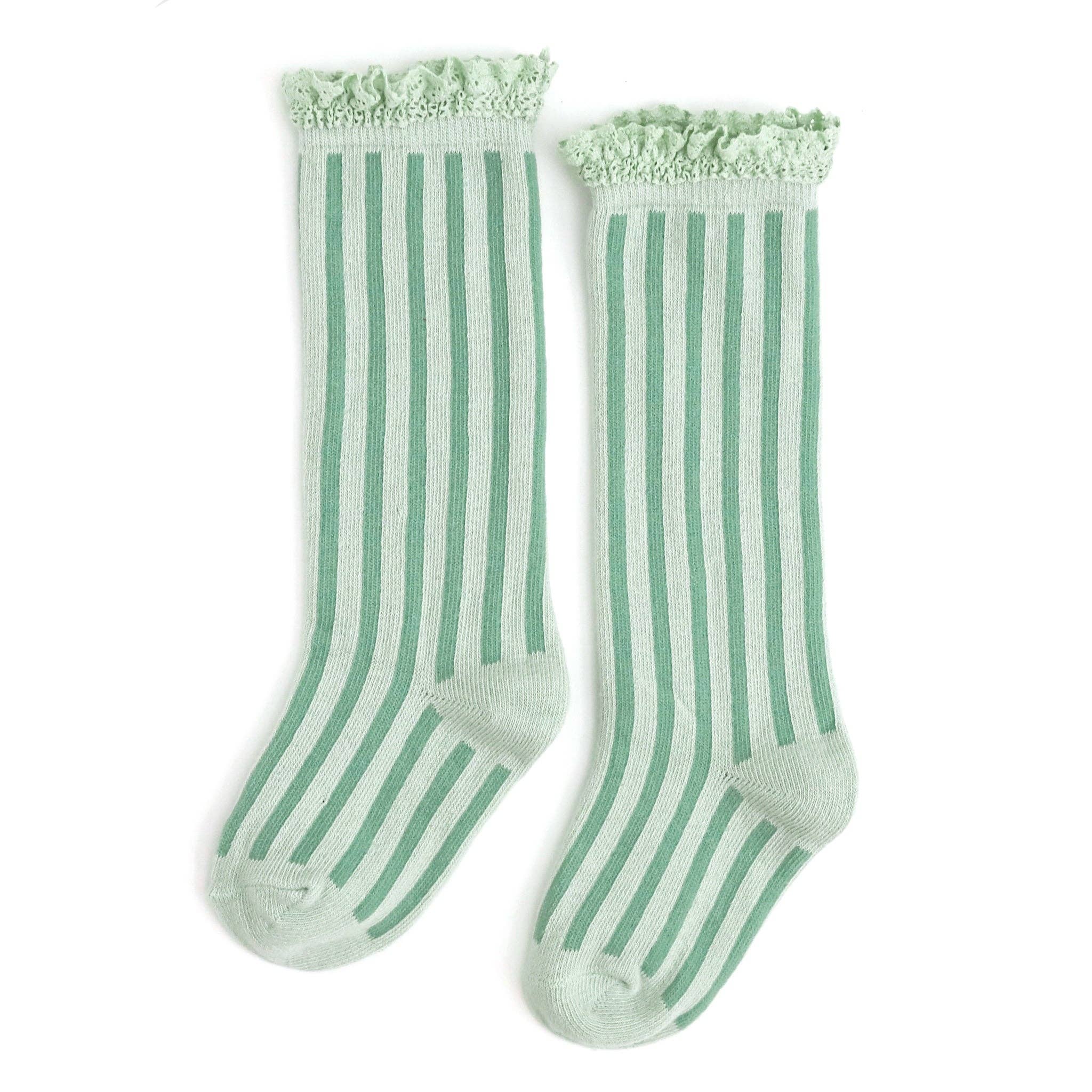 Little Stocking Co. - Wholesale Socks - Kids & Baby - Mint Striped Lace Top Knee High Socks1