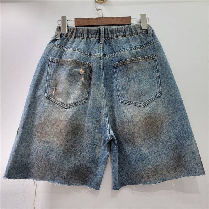 Sanyao Fashion - Wholesale Shorts - Women's - 1M237 Lace Floral Rhinestone Denim Shorts with Elastic Waist1