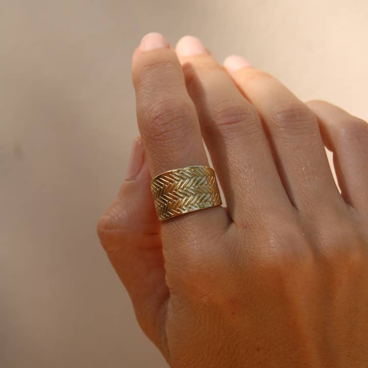 Wide gold band ring, chunky gold ring, 18k stainless steel adjustable ring, hammered gold ring, textured ring for wholesale by Positiva Jewelry