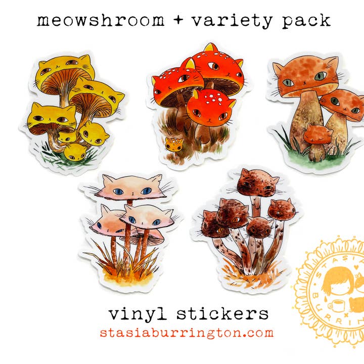 Vinyl Sticker - Meowshroom - Mushroom Cats, Assorted (Copy) for wholesale by Stasia Burrington Illustration