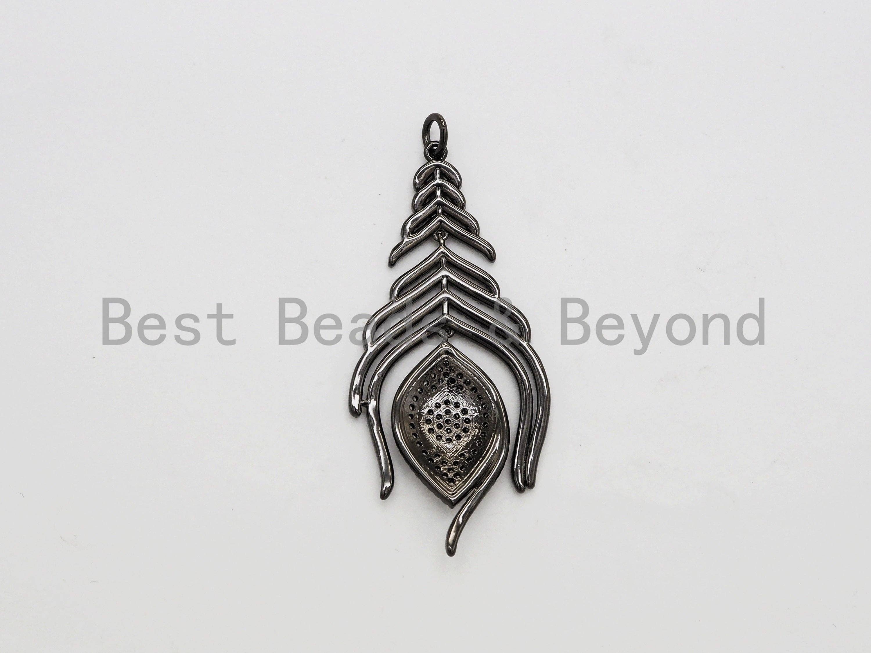 BestBeads&Beyond – wholesale Individual charm/pendant – Large CZ Micro Pave Black Feather Pendant with  Evil Eye Beads,Cubic Zirconia pave Charm, Focal Pendant, 27x59mm,sku#F5264