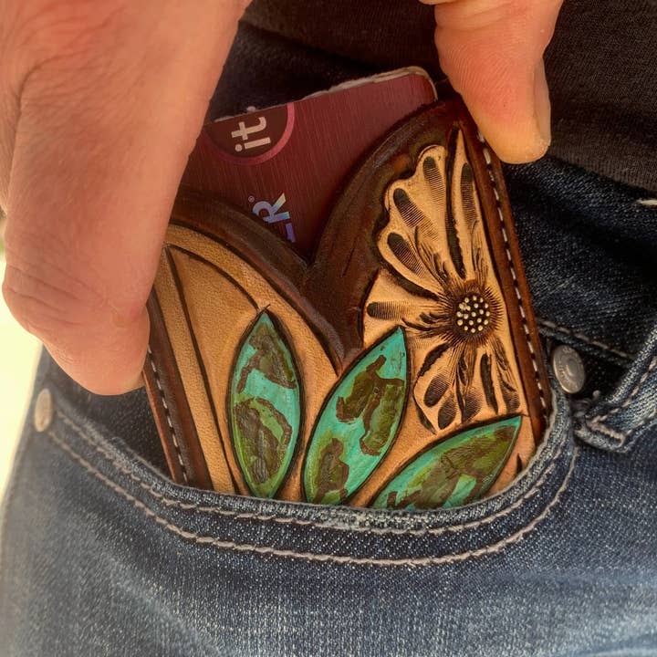 The Rodeo Rose – wholesale Wallet - Men’s – Front Pocket Hand Tooled Leather Wallet Cowgirl Rodeo Western Cowboy