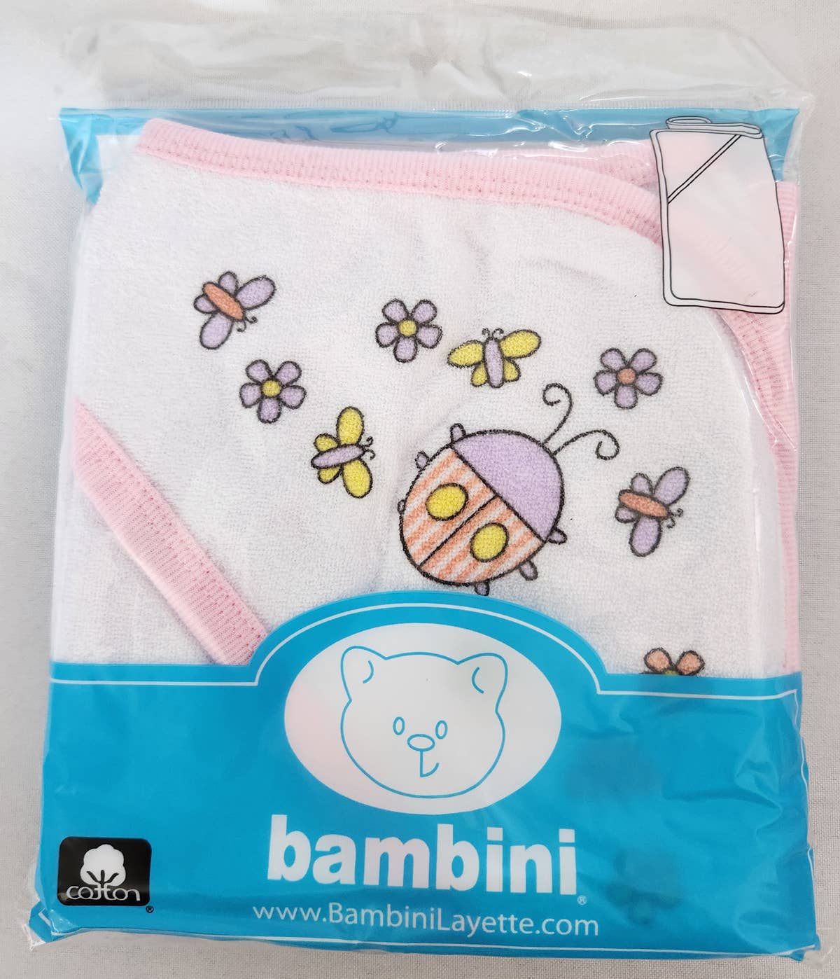 Bambini Infant Wear inc. - Vente Sortie de bain - Enfant et bébé - Serviette à capuche avec reliure rose et sérigraphie1
