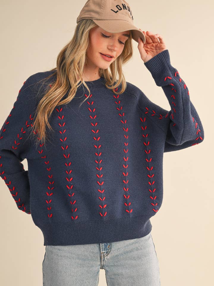 &MERCI - Wholesale Knit Sweater - Women's - EMBROIDERED LONG SLEEVE PULLOVER SWEATER MSW1117925