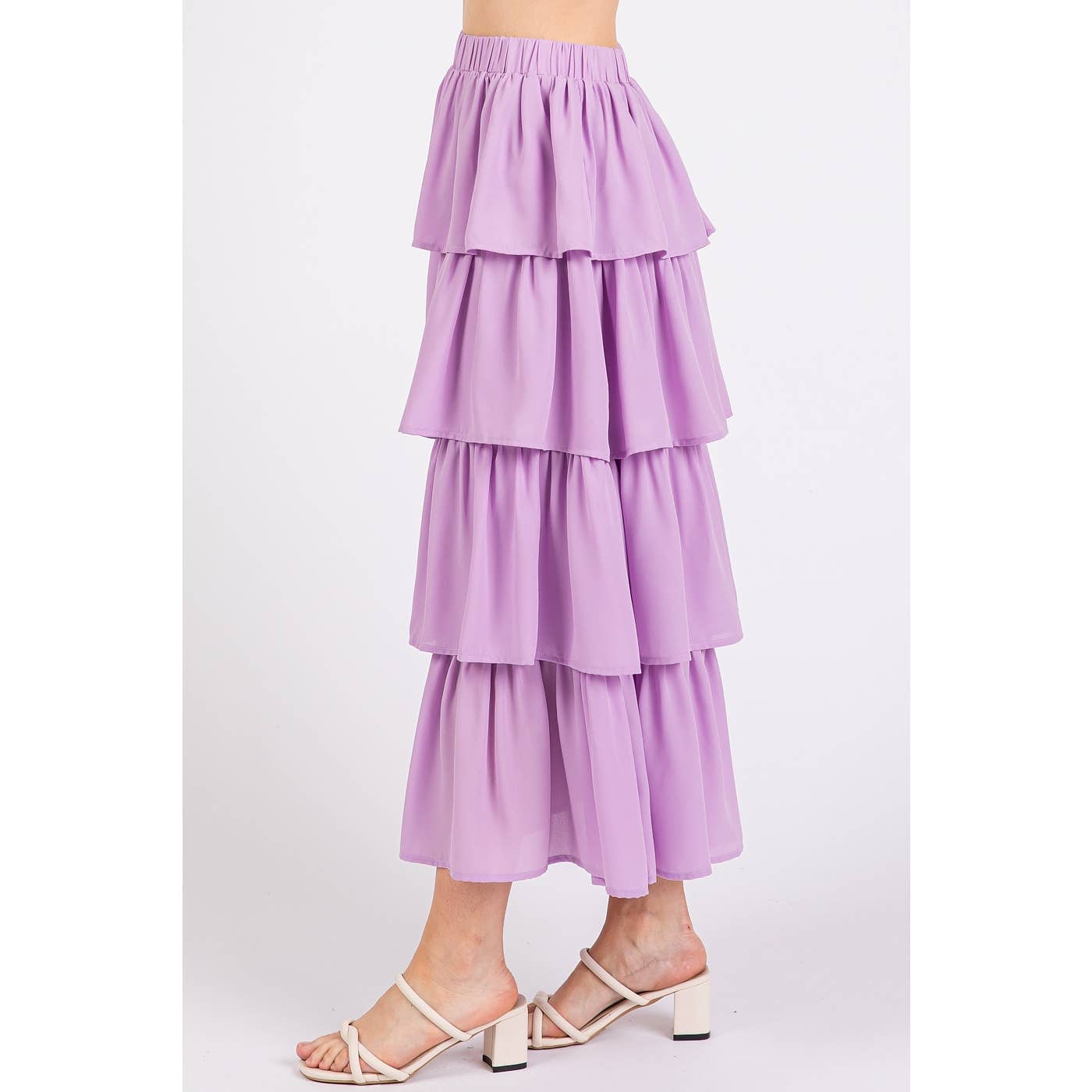 mittoshop – Engroshandel Nederdel - Dame – CHIFFON VOLANT LAGDELT ELASTISK TALJE MIDI NEDERDEL2