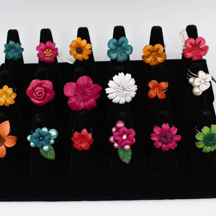 Sunflower Handmade leather inc - Wholesale Single Stone/Solitaire Ring - assorted leather flower ring1