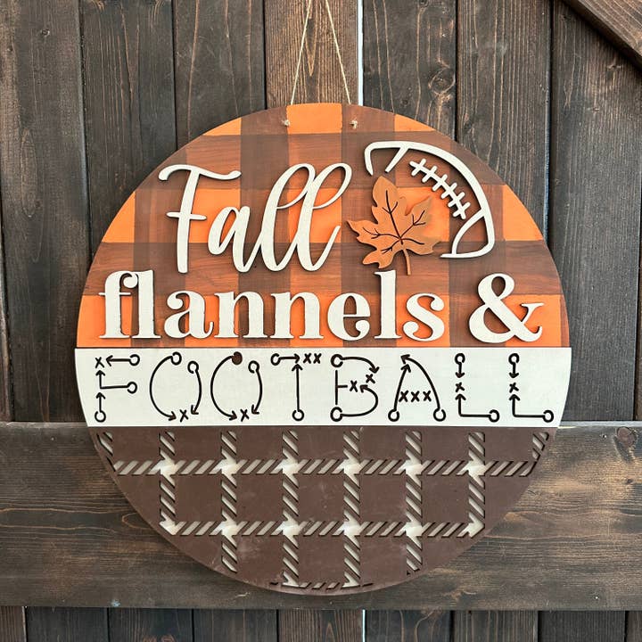 Fall Flannels & Football 3D Round Door Hanger Design P02773 for wholesale by Paisley Grace Makery
