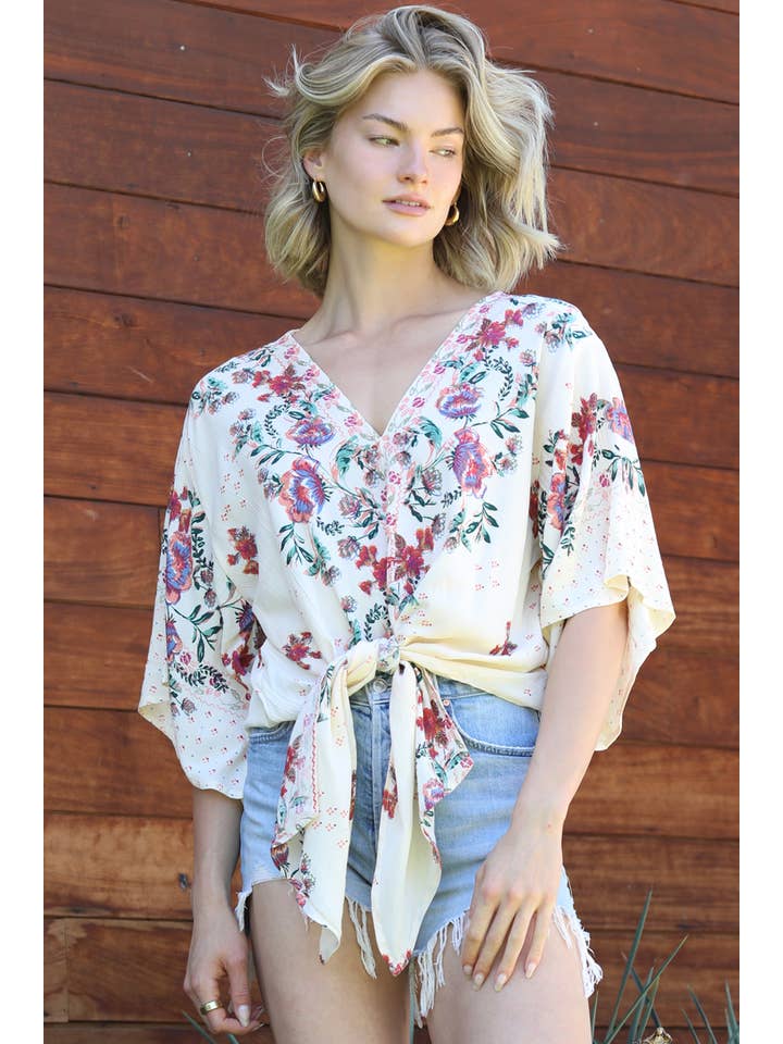 Nostalgia - Wholesale Blouse - Women's - N2Q81-A652 WIDE SLEEVE TIE WAIST V NECK BLOUSE