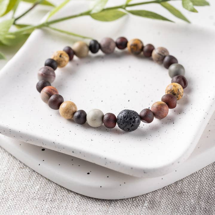 Adults | Picture Jasper + Raw Cherry Aromatherapy Bracelet for wholesale by R.B. Amber Jewelry