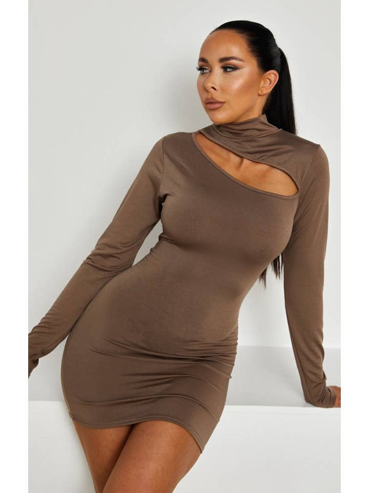 Femme Luxe - Vendita all'ingrosso Vestito - Donna - Mini abito aderente a maniche lunghe con scollo alto color moka - Rev