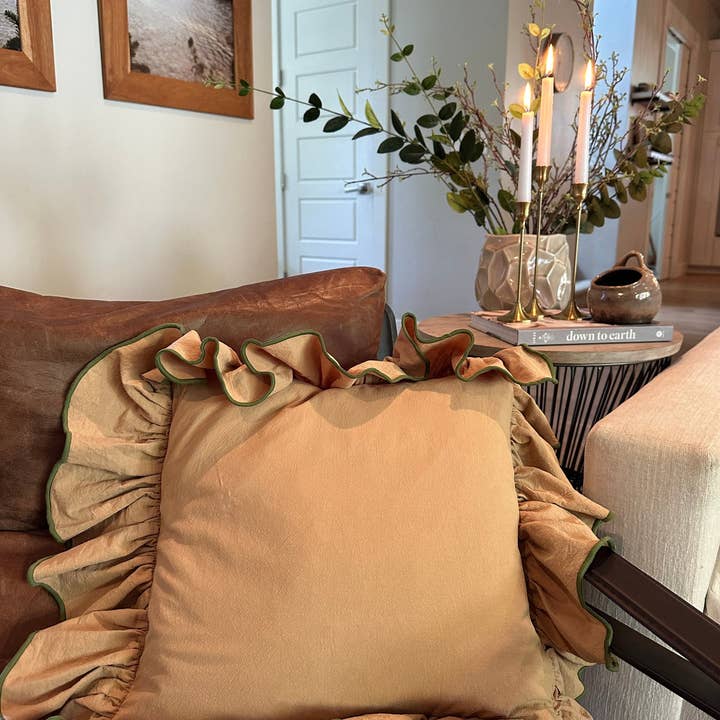 Dark Honey Linen-Ruffle Pillow Cover for wholesale by Rennah Collective