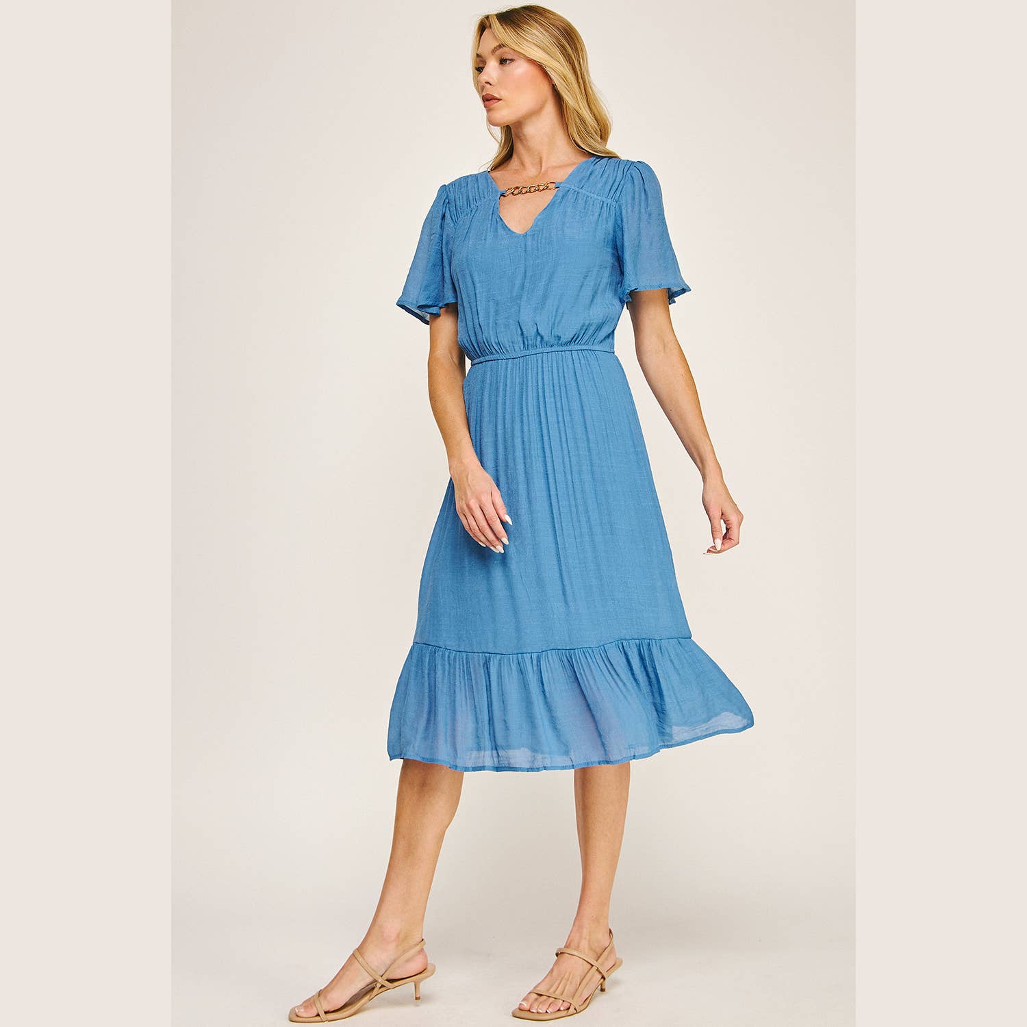 Winslow Collection - Wholesale Dress - Women's - FLUTTER SLEEVE NECKLACE DETAIL PRINTED MIDI DRESS7