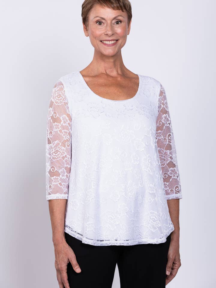 Ellen 3/4 Sleeve Top, White, Bamboo Lace for wholesale by Blue Sky Clothing Co LLC
