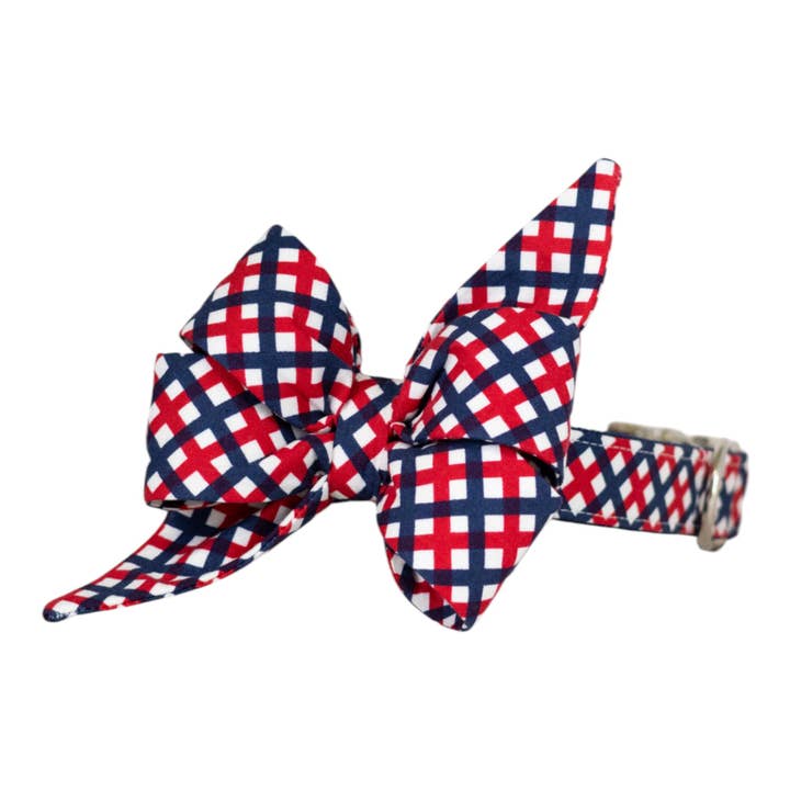 Patriotic Plaid Belle Bow Dog Collar for wholesale by Crew LaLa
