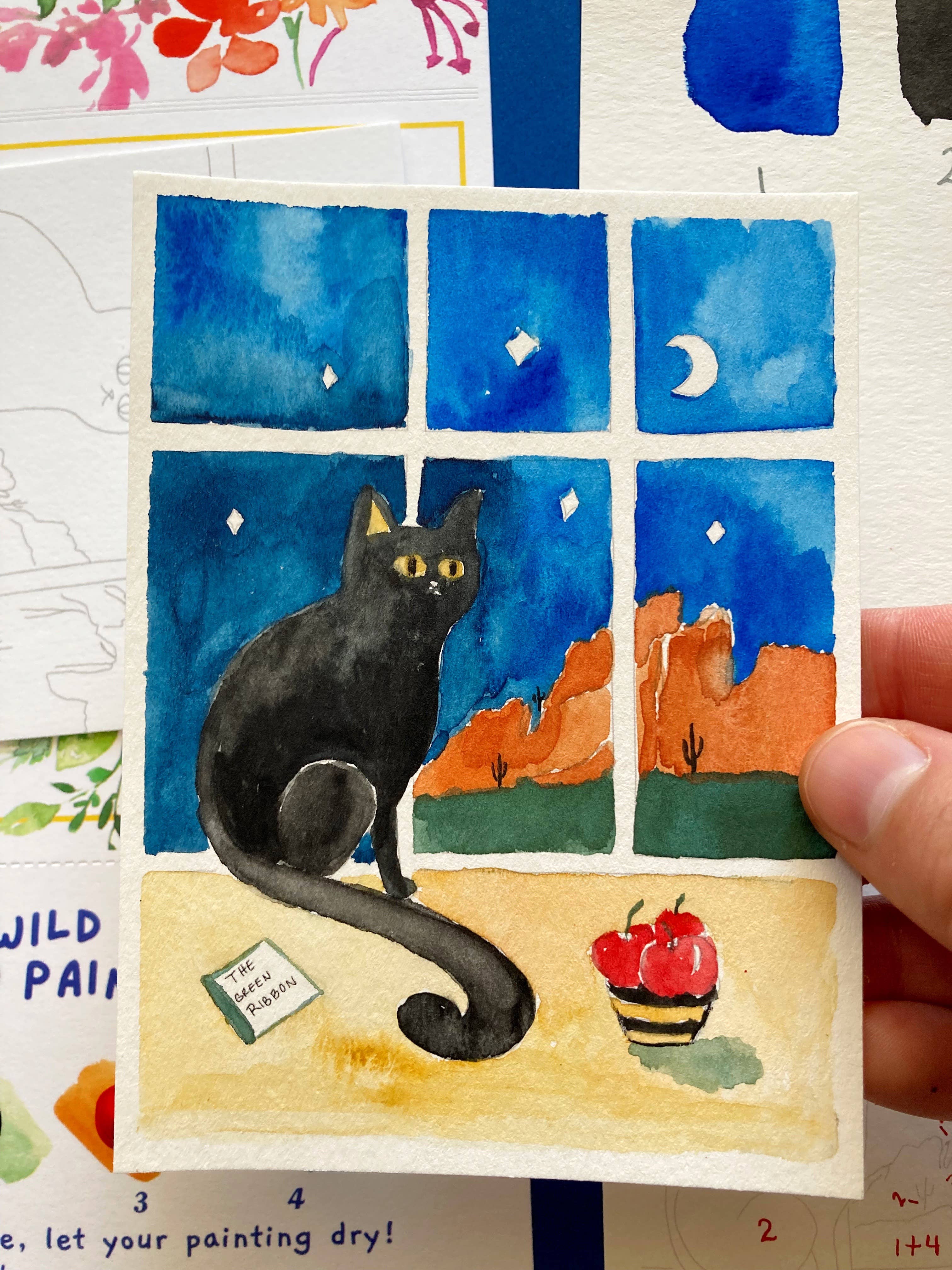 Pink Puddle Studio - Wholesale DIY Craft Kit - Black Cat Night Winter Watercolor Paint by Number DIY Kit 5