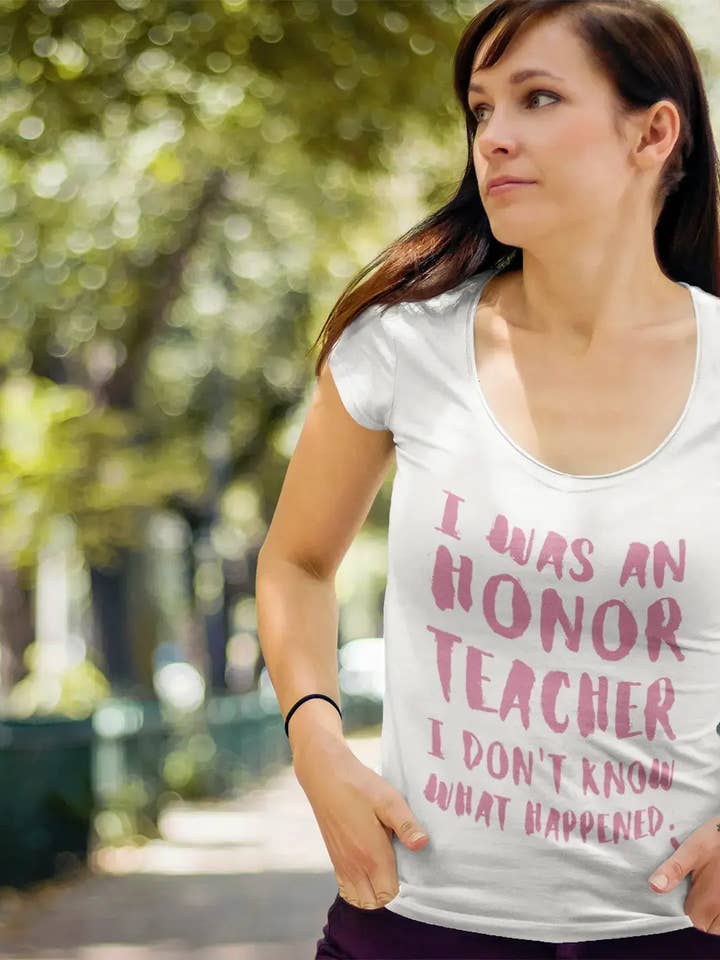 TEACHER, What Happened, White, Women's Short Sleeve Scoop Neck T-shirt 00315 for wholesale by ULTRABASIC