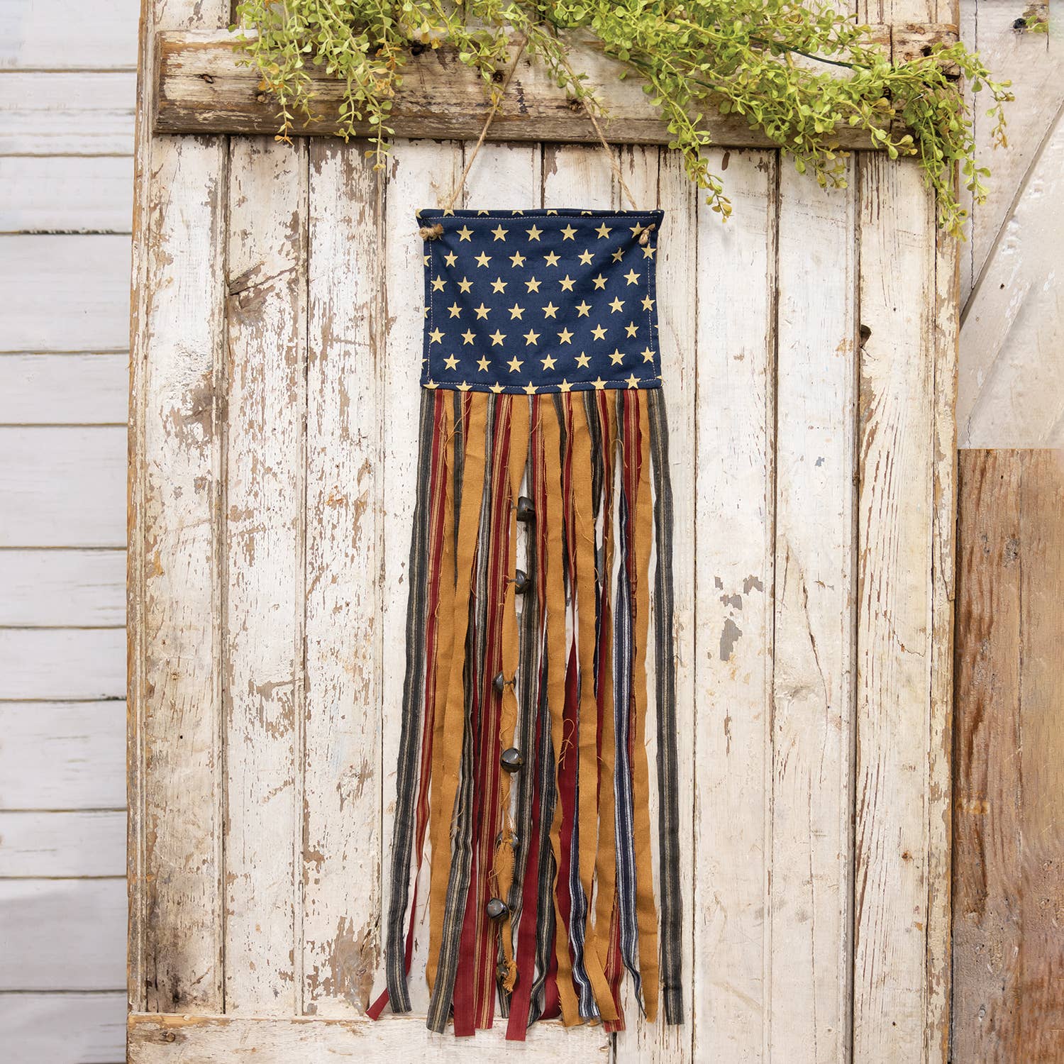 The Hearthside Collection - Wholesale Decorative Tabletop Object - Primitive Rag Strip Flag Banner w/Jinge Bells1