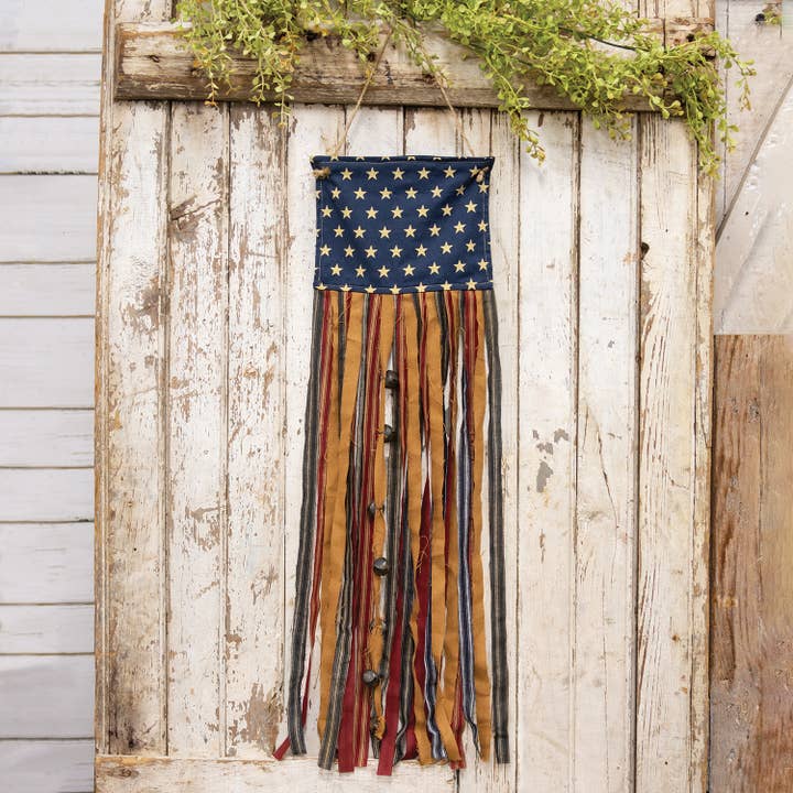 The Hearthside Collection - Wholesale Decorative Tabletop Object - Primitive Rag Strip Flag Banner w/Jinge Bells1