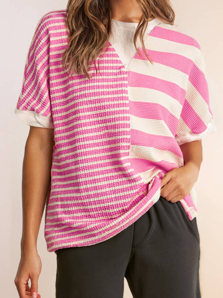 Stripe Patchwork Textured Short Sleeve High Low Loose Top for wholesale by LA Society