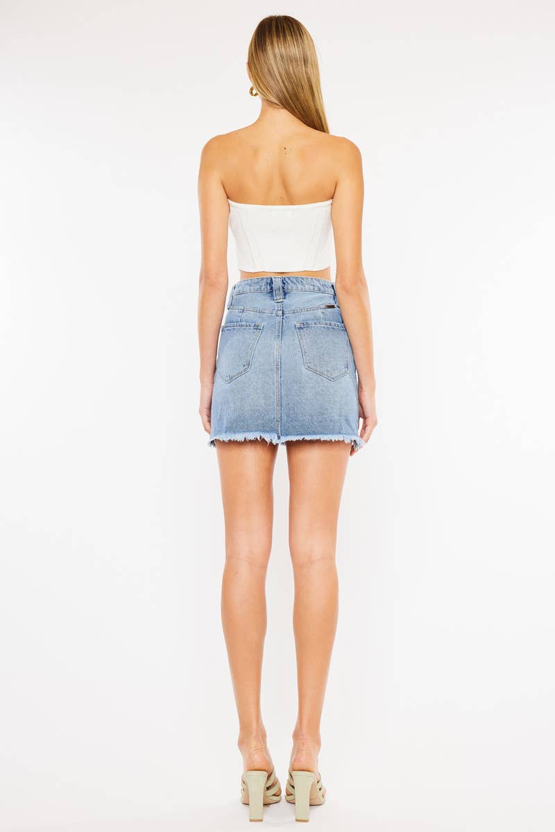 MEDIUM HIGH RISE FRAYED HEM DENIM MINI SKIRT-KC8699M for wholesale on Faire5
