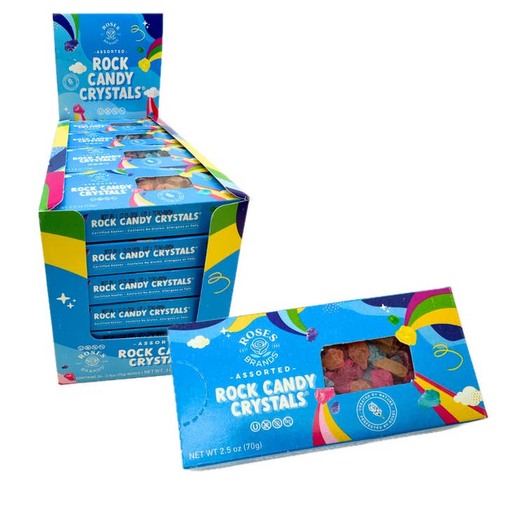 Roses Rock Candy Crystals Assorted Box 2.5 oz 24 ct for wholesale by Long Island Candy Factory