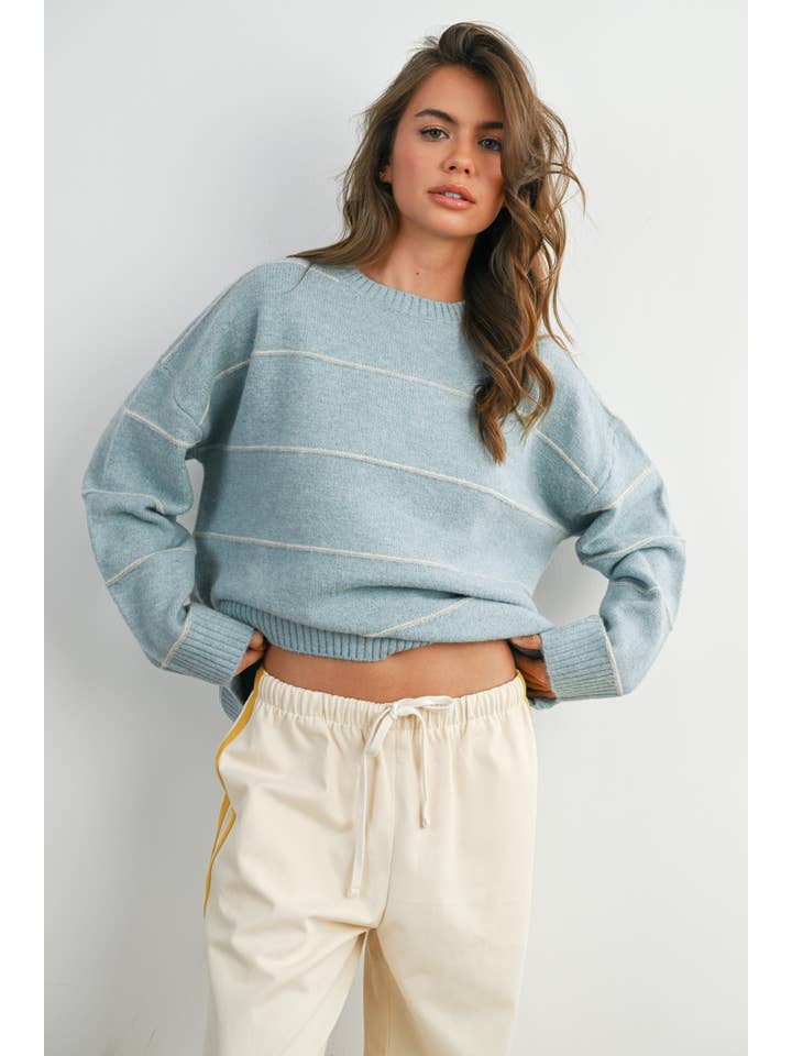 BUTTERMELON - Wholesale Knitted jumper – Women′s - Striped Pattern Drop Shoulder Sweater - BMW74213