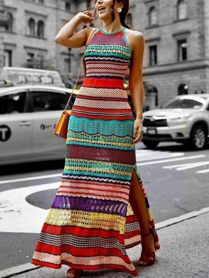 Bohoasis - Wholesale Jurk - Dames - Gestreepte handgemaakte gehaakte jurk - Gehaakte strandjurk - Handm5