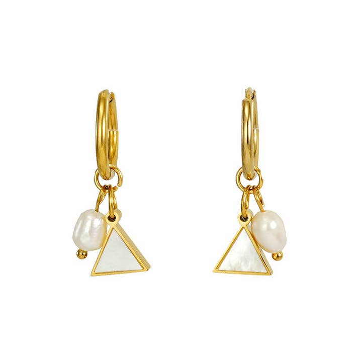 Mio Queena - Wholesale Huggie Earrings - Pearl Shell 18K Gold-plated Stainless Steel Earrings - FGS5