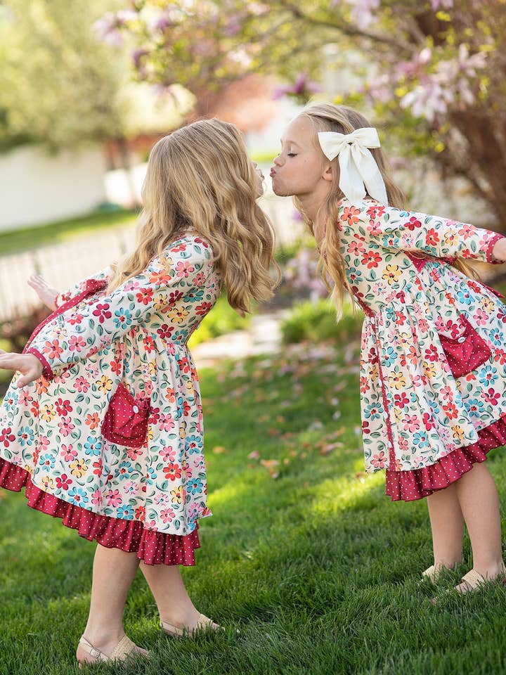 Adorable Sweetness - Wholesale Dress - Kids - Kids Cream & Burgundy Floral Ruffle Button Pocket Fall Dress