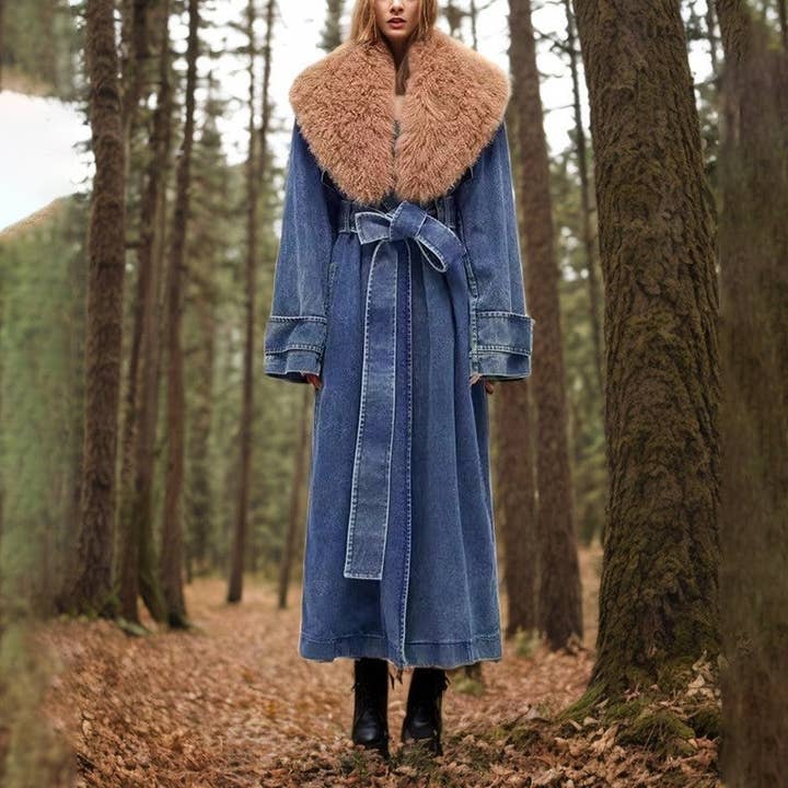 BLUE Detachable Collar Long Denim Style Coat for wholesale on Faire