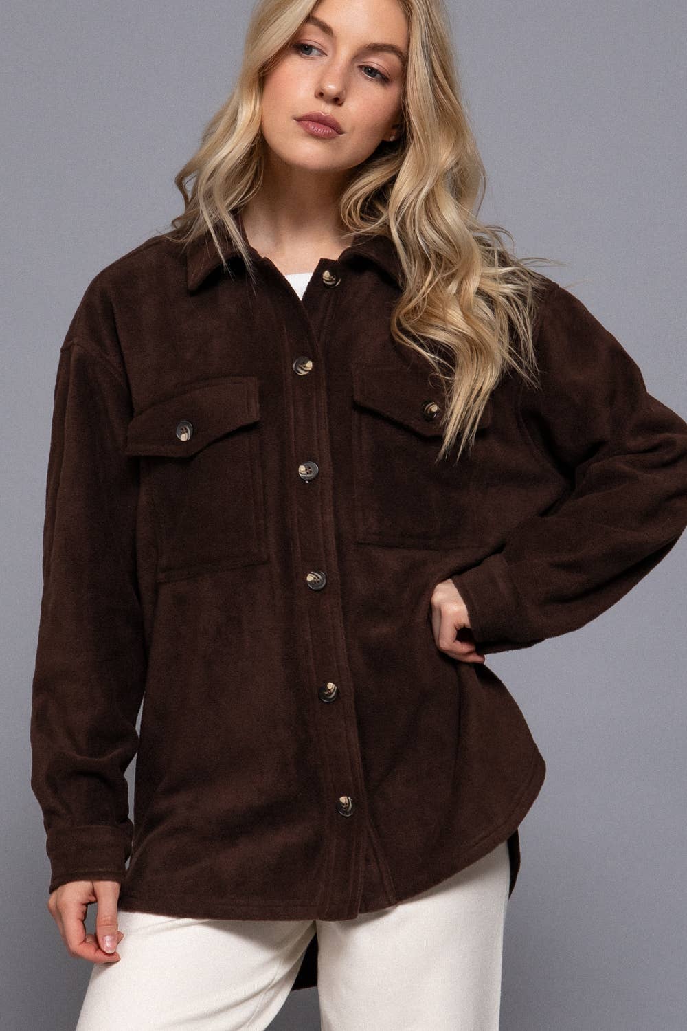 Active Basic | Active USA - Wholesale Shirt Jacket/Shacket - Women's - Long Sleeve Notched Collar Front Pocket Fleece Jacket 16