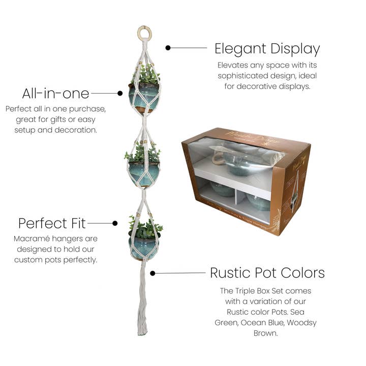 Rustic Pot Variants Triple Box Set - Macramé Plant Hanger & Pots for wholesale on Faire