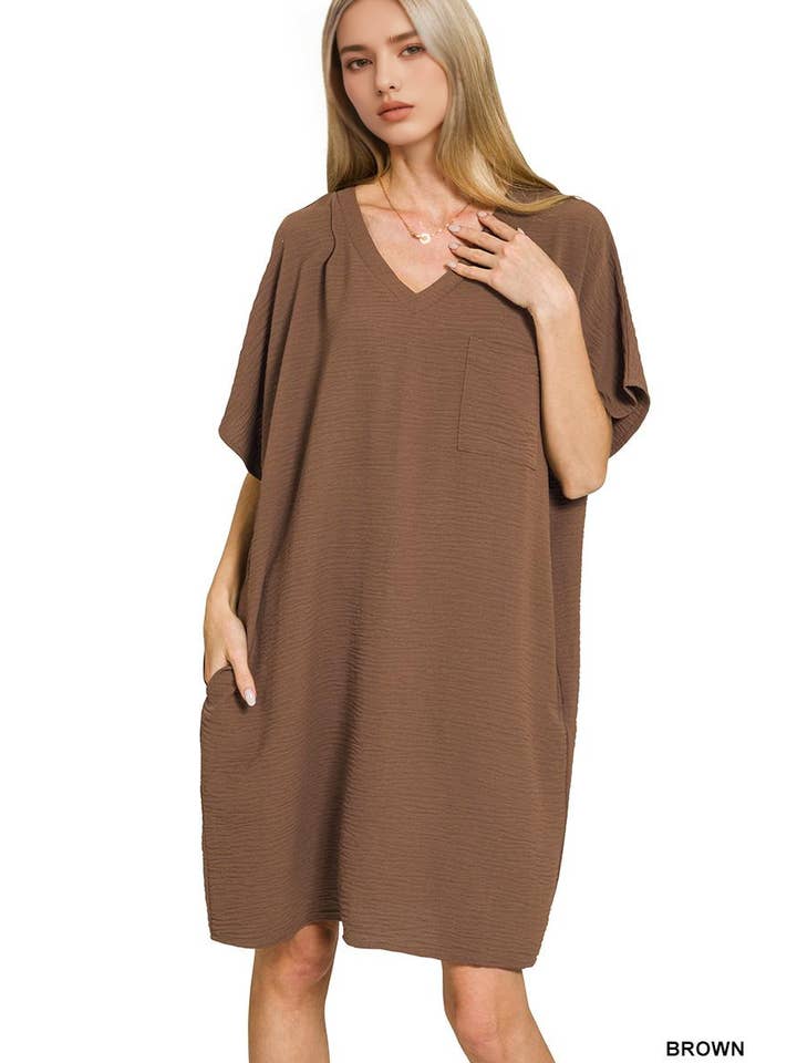 42POPS - Wholesale Dress - Women's - `.Woven Airflow V Neck T Shirt Dress With Pockets1