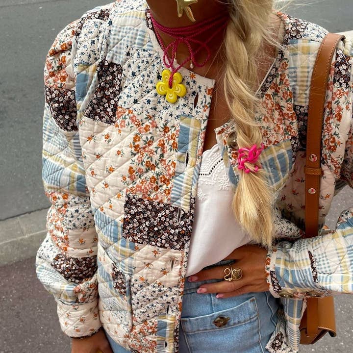 Apricot Floral Color Blocks Print Quilted Jacket for wholesale on Faire