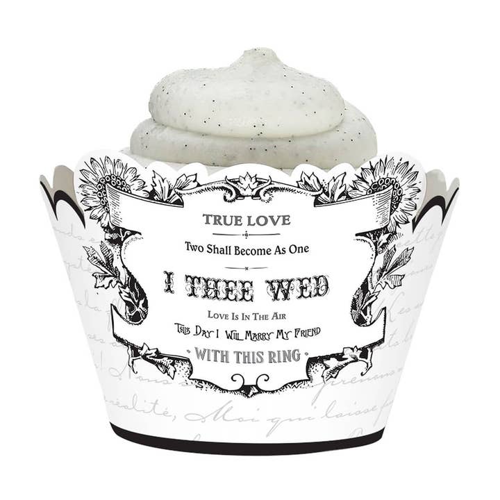 Lillian Rose - Wholesale Food Storage Wrap/Bag - 12 Black and White I Thee Wed Cupcake Wrappers