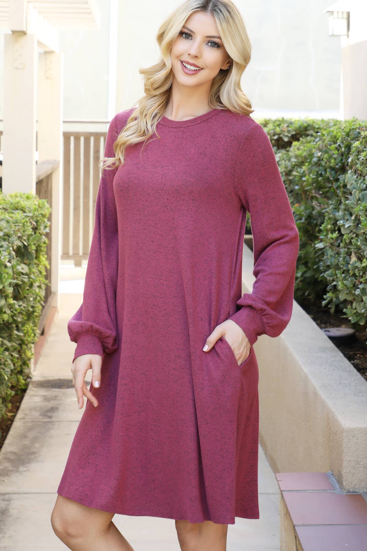 You & Me - Wholesale Dress - Women's - YMD10063V-PUFF LONG SLEEVE HACCI BRUSHED DRESS28