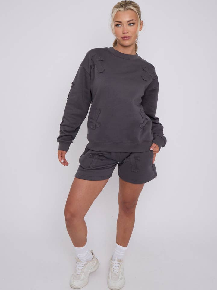AX Labels - Wholesale Lounge Set - Women's - Crucifix Embroidered Sweatshirt & Shorts Fleece Co-ord12