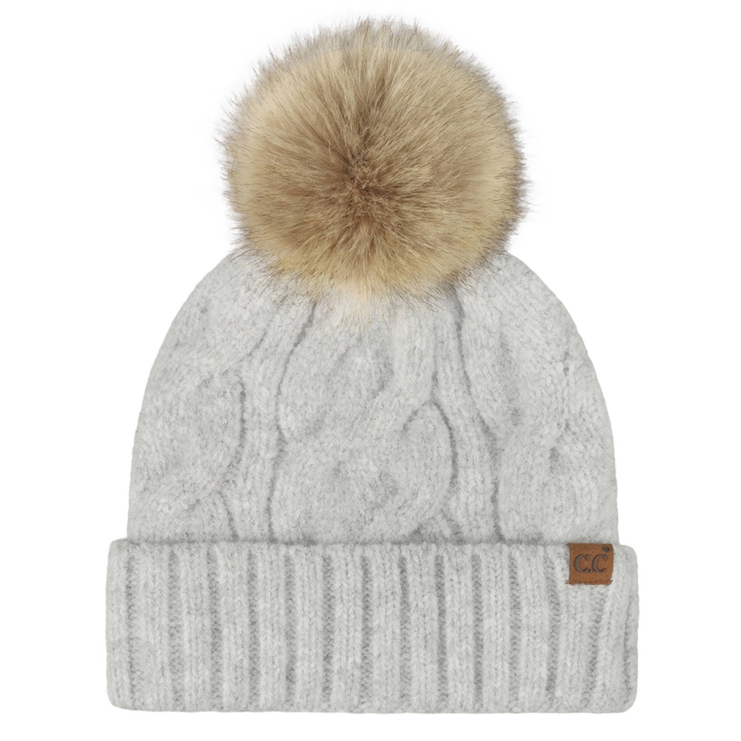 Hana - Wholesale Beanie - Women's - C.C Solid Big Cable Pattern Knit Cuff Pom Beanie5