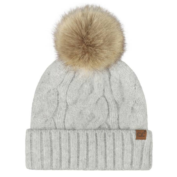 Hana - Wholesale Beanie - Women's - C.C Solid Big Cable Pattern Knit Cuff Pom Beanie5