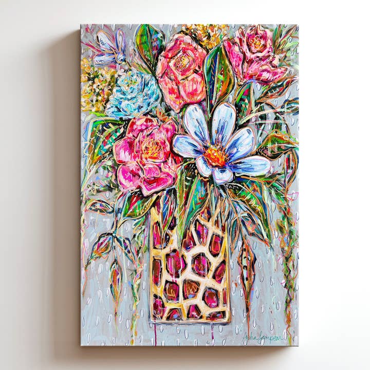 Vase Léopard Impression sur Toile Grise - Peinture d'Art Bouquet Floral pour la vente par Audra Style