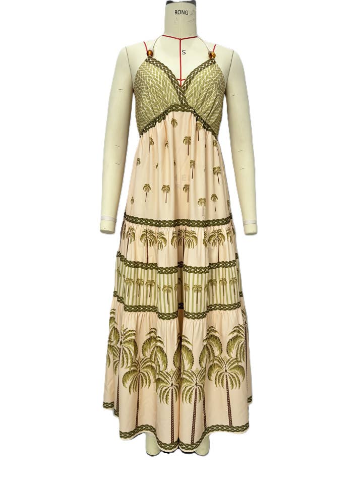 Green Summer Beach Halter Neck Palm Tree Print Maxi Dress for wholesale on Faire3