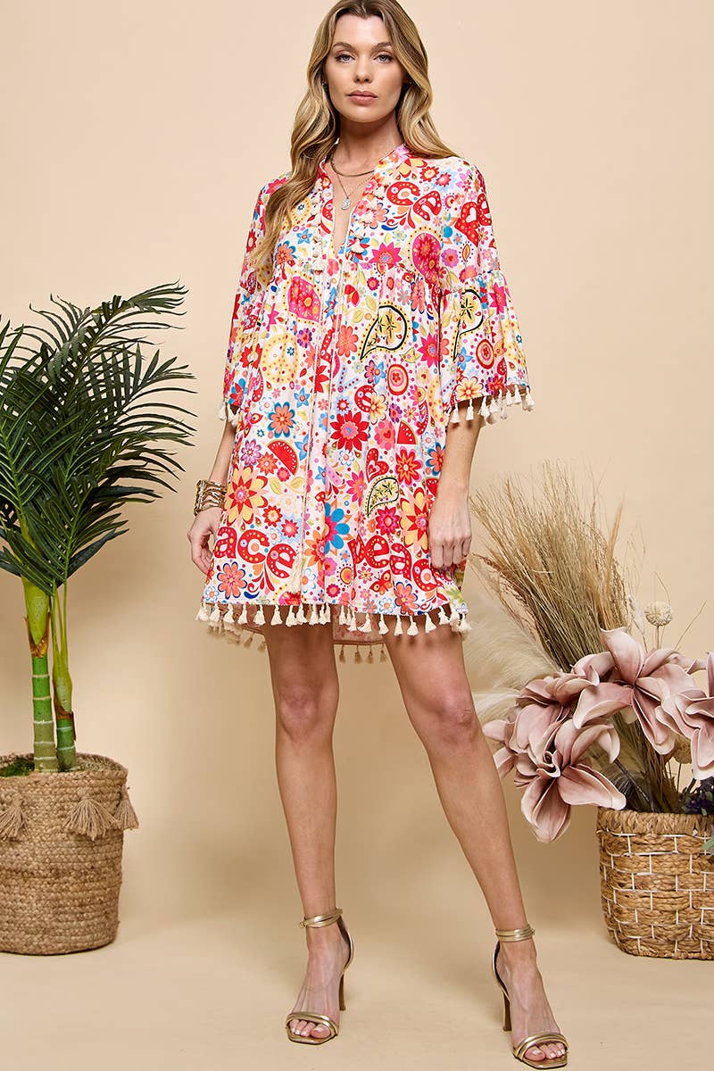 Red Multi Print V Neck Tassel  Dress for wholesale on Faire3