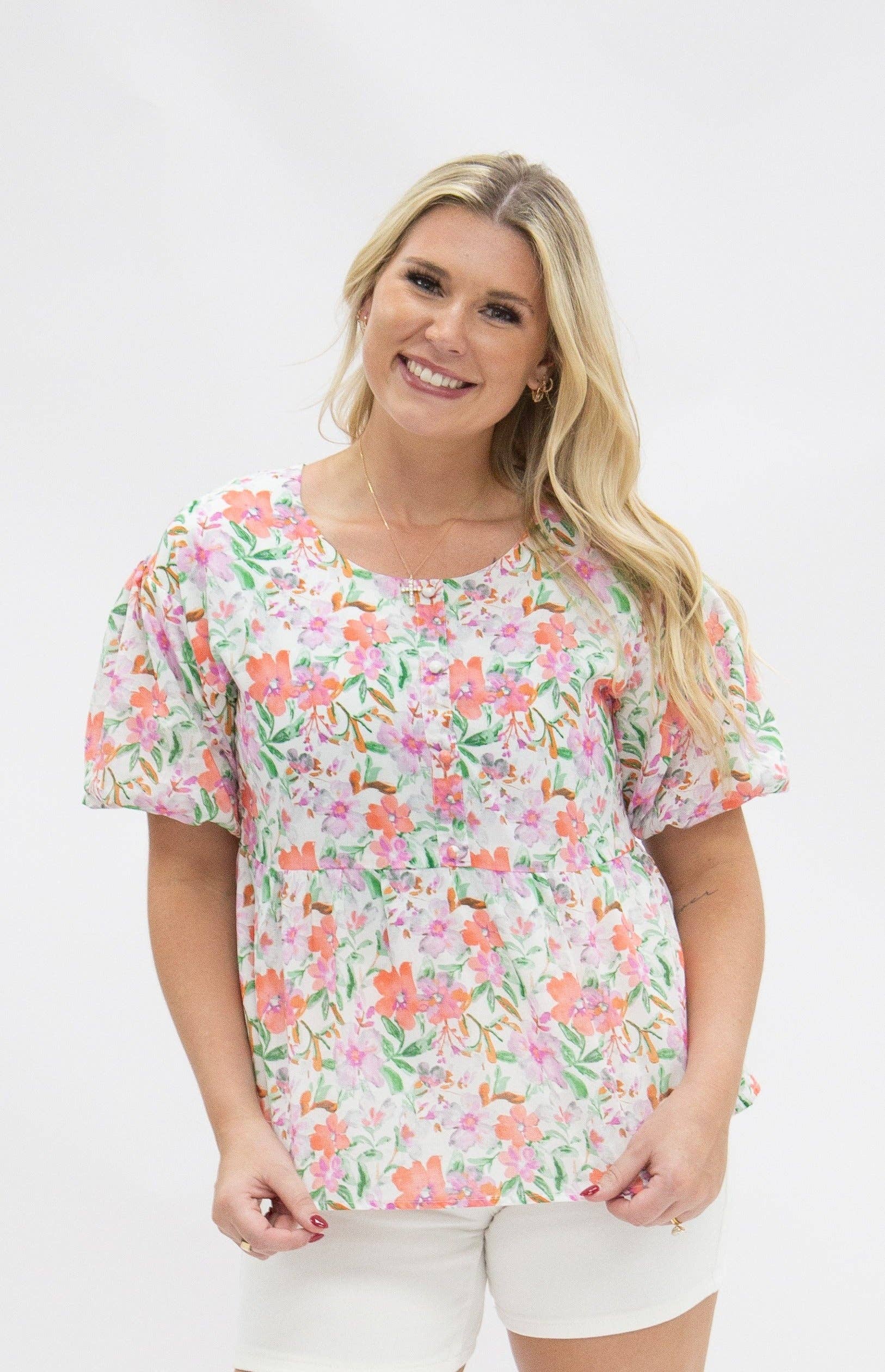 Floral Puff Sleeve Blouse, Watercolor Flowers for wholesale on Faire3