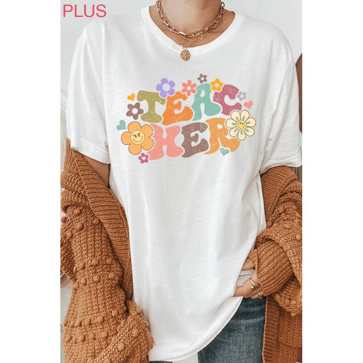 Kissed Apparel - Wholesale Screen printed t-shirt – Women′s - Teacher Pastel Floral Lash Smiley PLUS Graphic Tee2