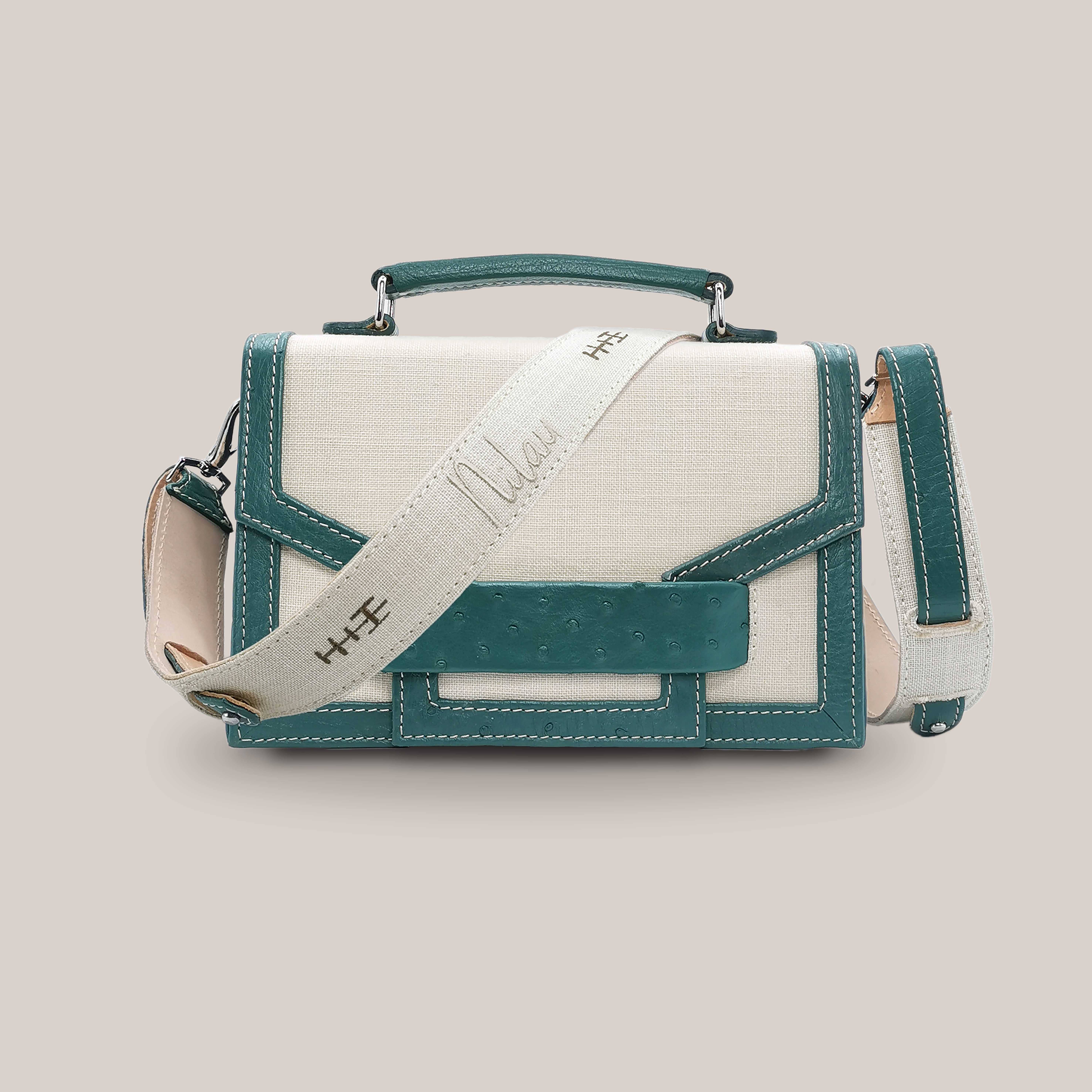 Alca Green Ostrich Leather And Linen Flip Bag for wholesale on Faire9