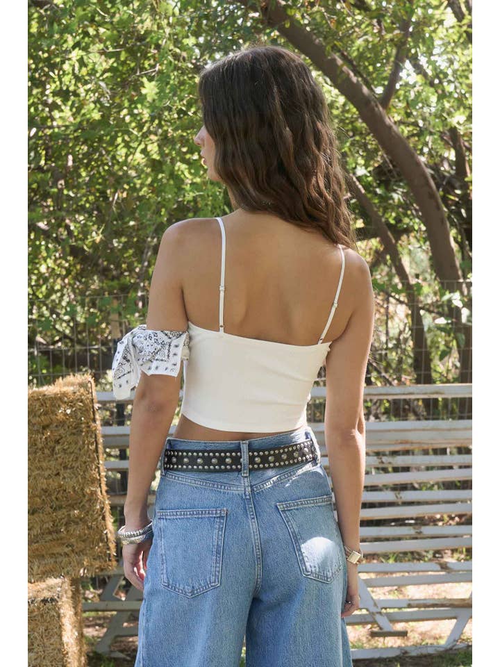 The Workshop Studio - Wholesale Knit Top - Women's - LACE TRIM FRONT TIE SPAGHETTI STRAP KNIT CROP TOP-BACKORDER
